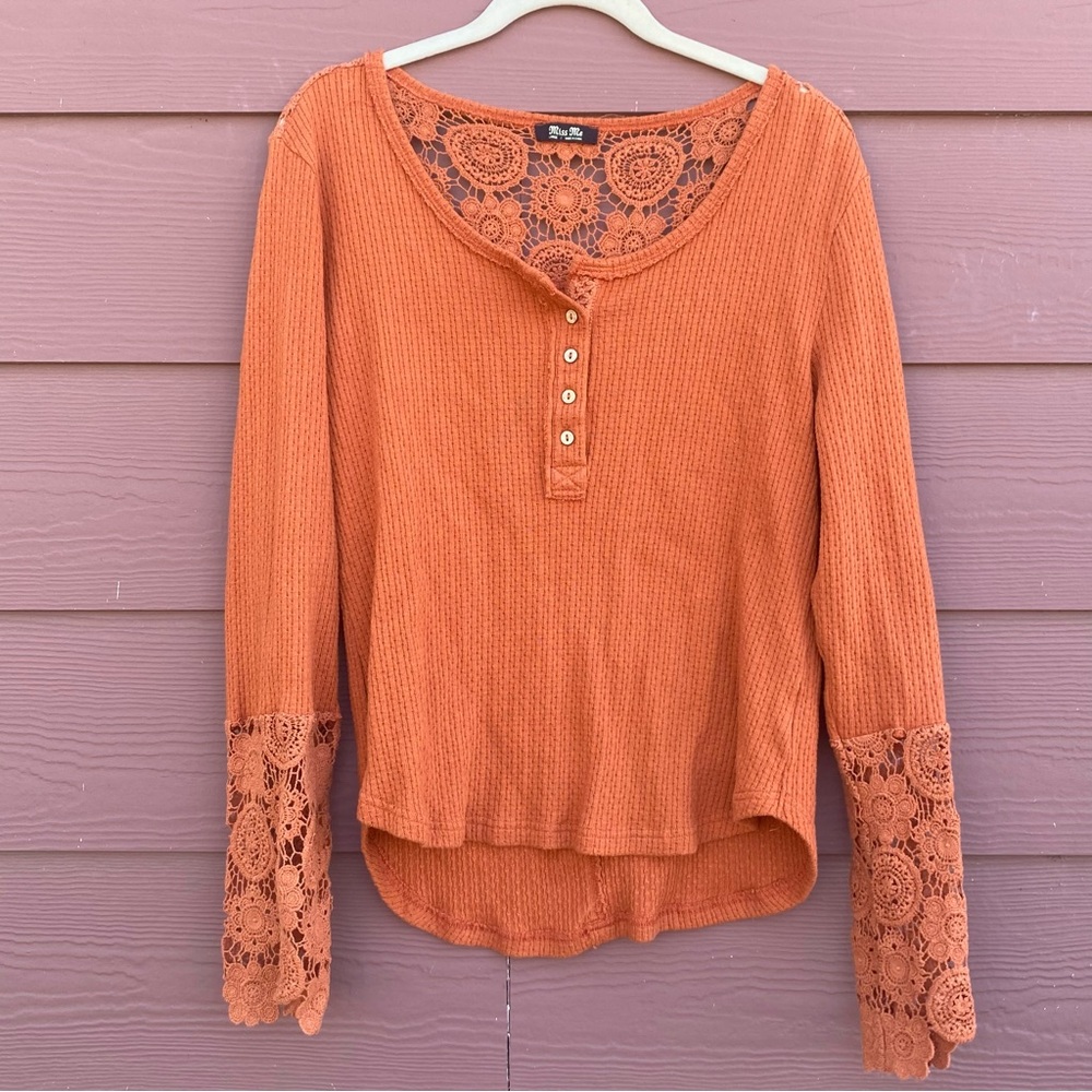 Miss Me Orange Floral Lace Long Sleeve Blouse Quarter Button Up Size Large